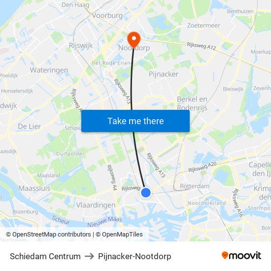 Schiedam Centrum to Pijnacker-Nootdorp map