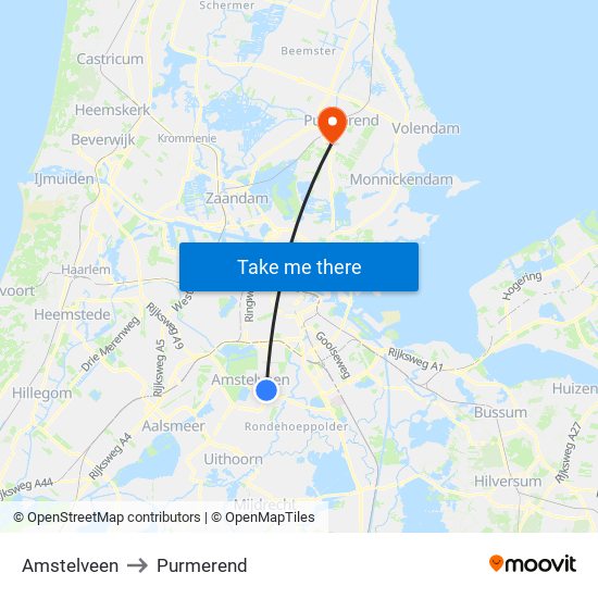 Amstelveen to Purmerend map