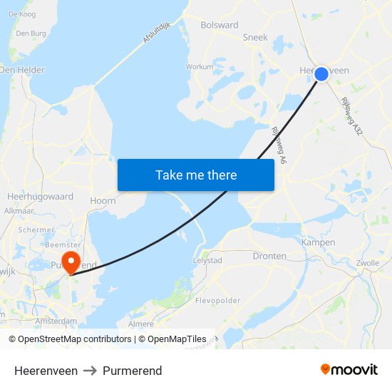 Heerenveen to Purmerend map