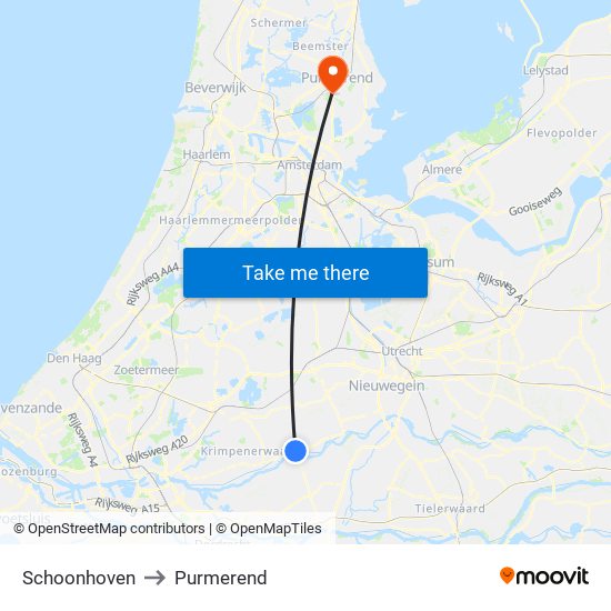 Schoonhoven to Purmerend map