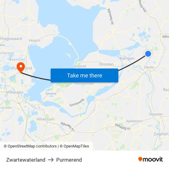 Zwartewaterland to Purmerend map