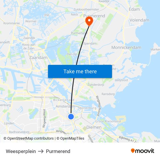 Weesperplein to Purmerend map