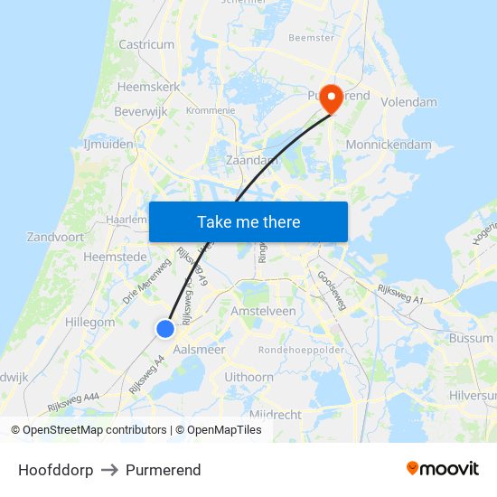 Hoofddorp to Purmerend map