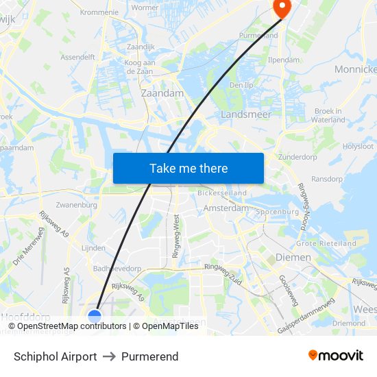 Schiphol Airport to Purmerend map