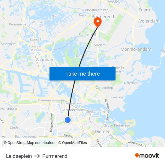 Leidseplein to Purmerend map