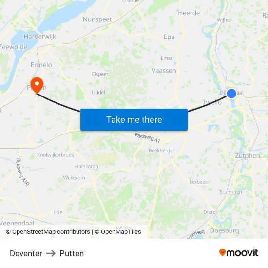 Deventer to Putten map