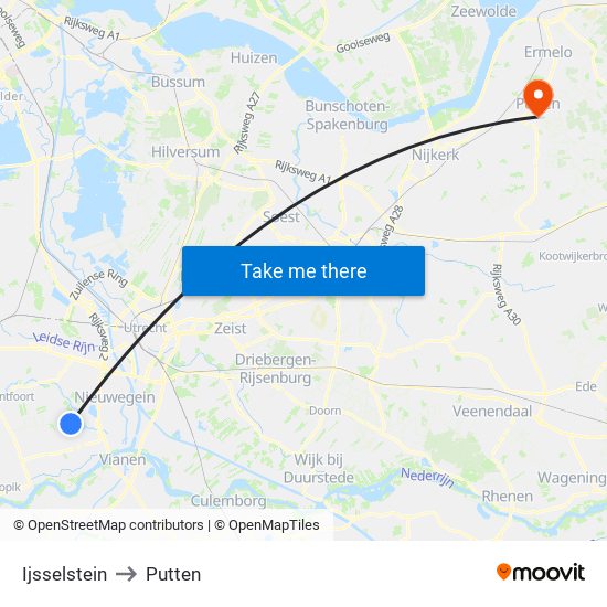 Ijsselstein to Putten map