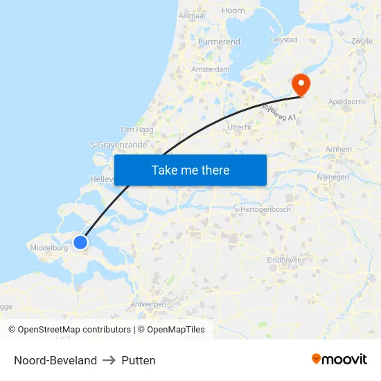 Noord-Beveland to Putten map