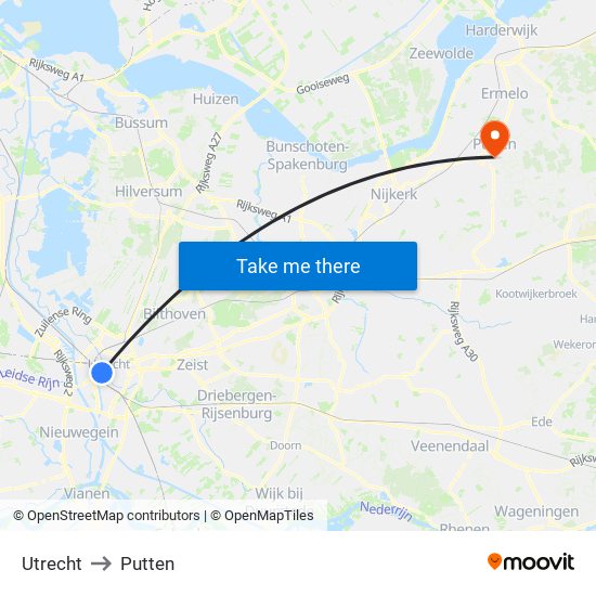 Utrecht to Putten map