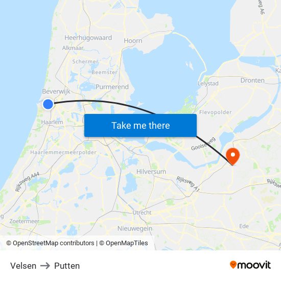 Velsen to Putten map