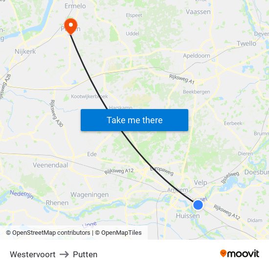 Westervoort to Putten map