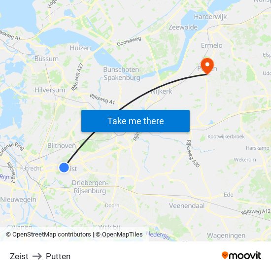 Zeist to Putten map