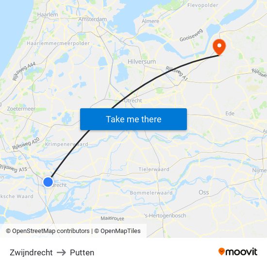 Zwijndrecht to Putten map