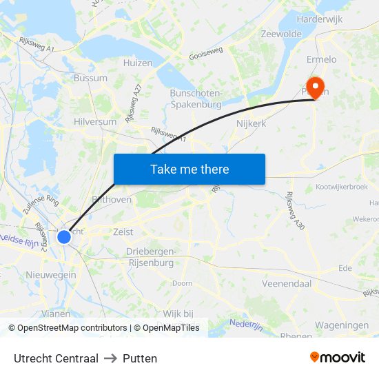 Utrecht Centraal to Putten map