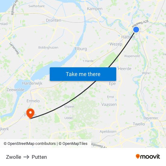 Zwolle to Putten map