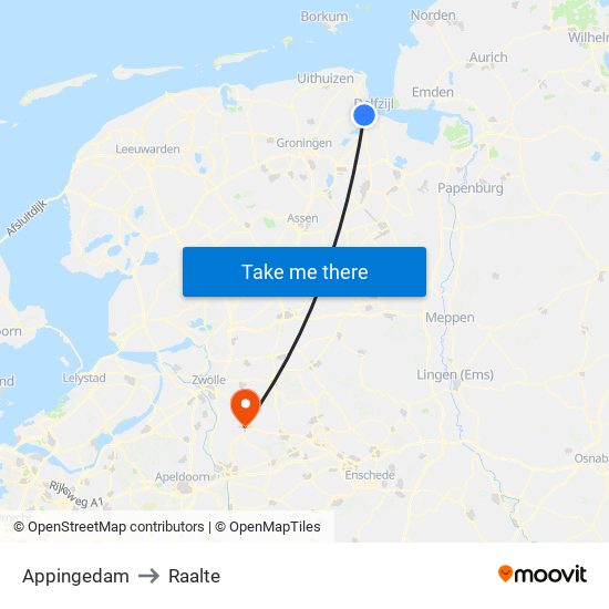 Appingedam to Raalte map