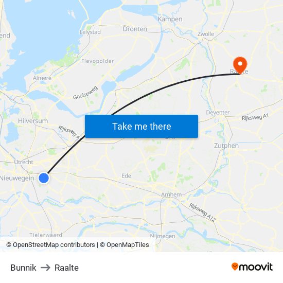 Bunnik to Raalte map