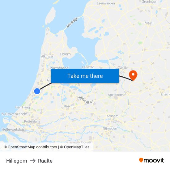 Hillegom to Raalte map