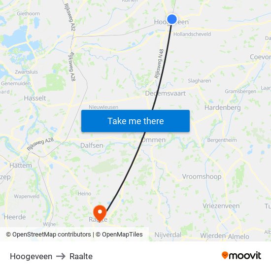 Hoogeveen to Raalte map