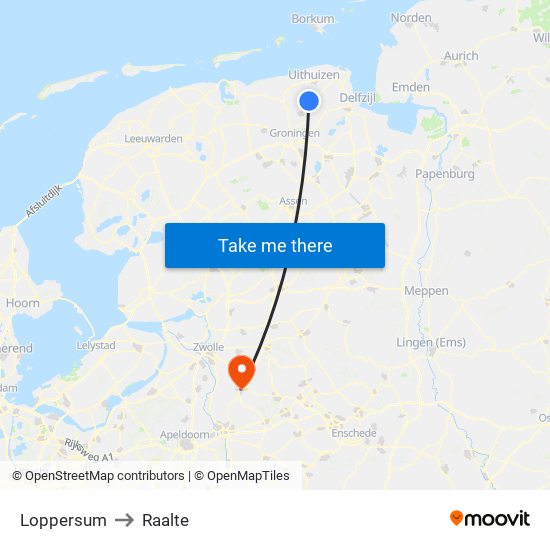 Loppersum to Raalte map