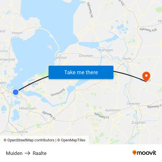 Muiden to Raalte map