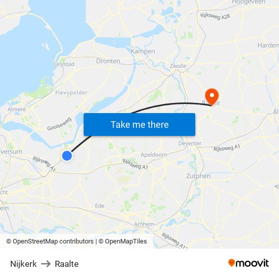 Nijkerk to Raalte map