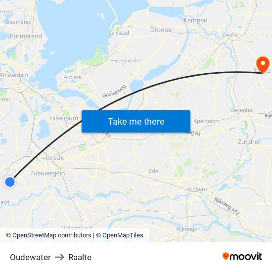 Oudewater to Raalte map