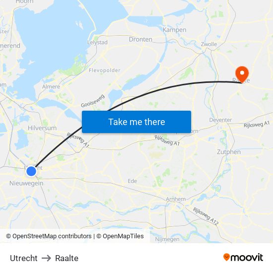 Utrecht to Raalte map