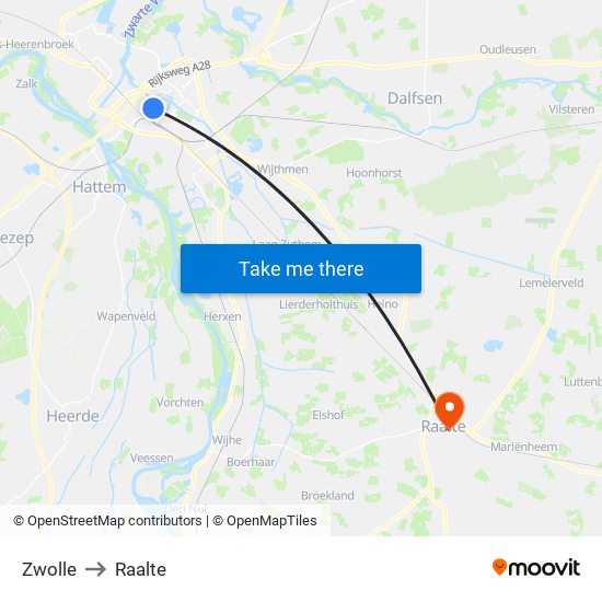 Zwolle to Raalte map