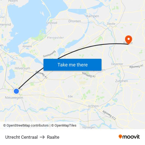 Utrecht Centraal to Raalte map