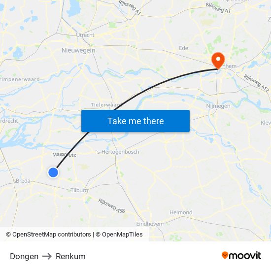 Dongen to Renkum map