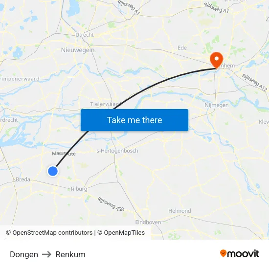 Dongen to Renkum map