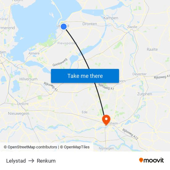 Lelystad to Renkum map