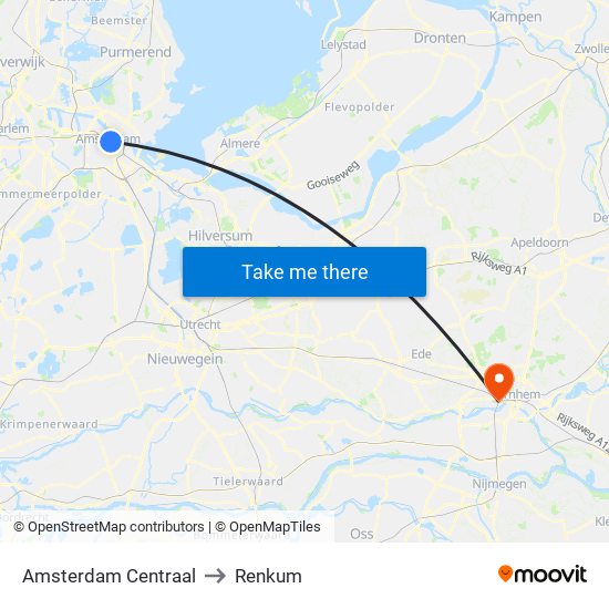 Amsterdam Centraal to Renkum map