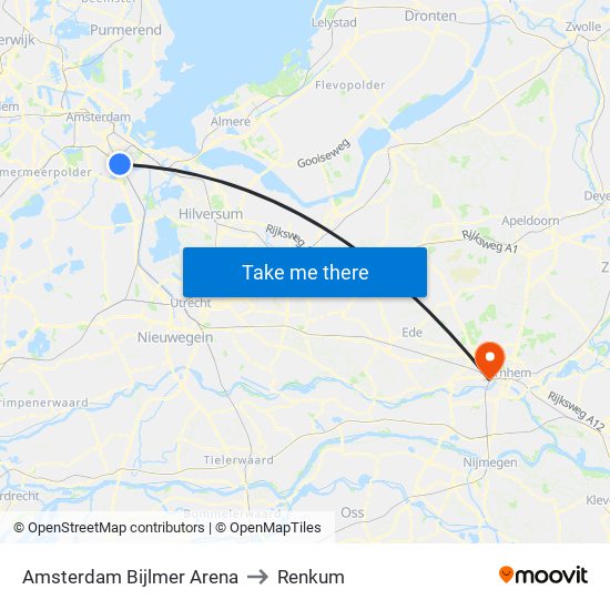 Amsterdam Bijlmer Arena to Renkum map