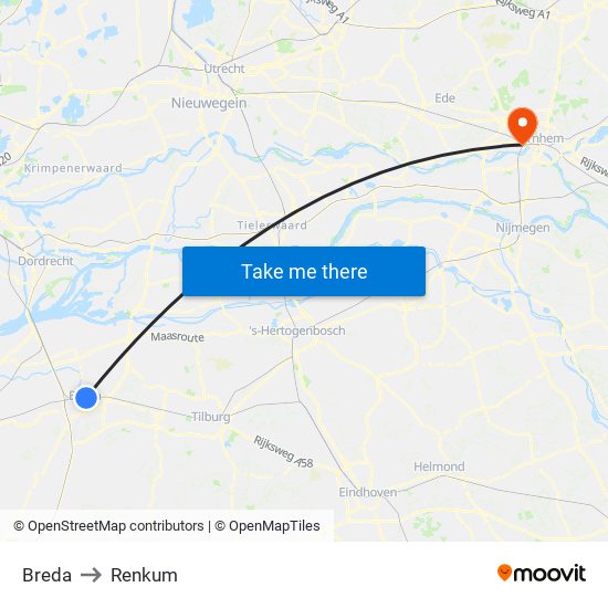 Breda to Renkum map