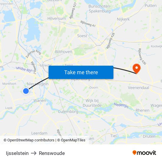 Ijsselstein to Renswoude map