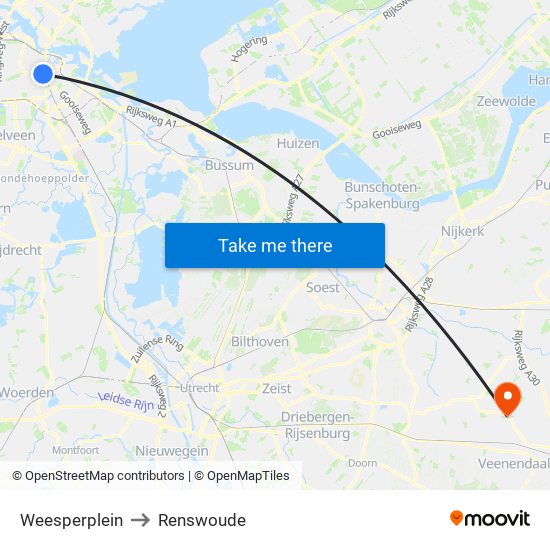 Weesperplein to Renswoude map