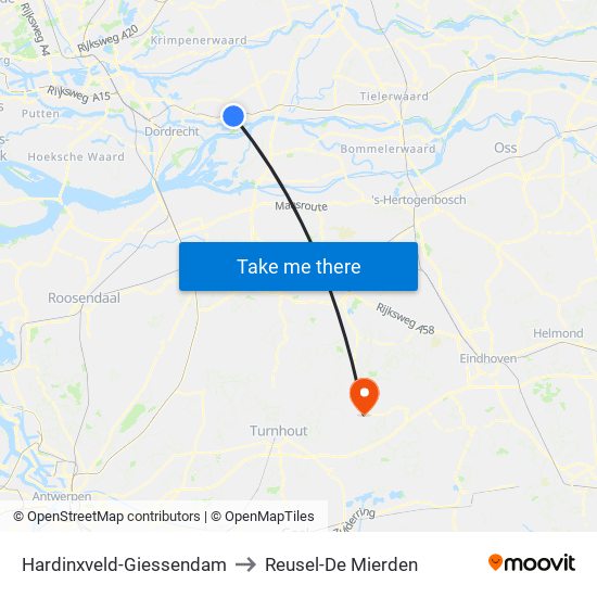 Hardinxveld-Giessendam to Reusel-De Mierden map