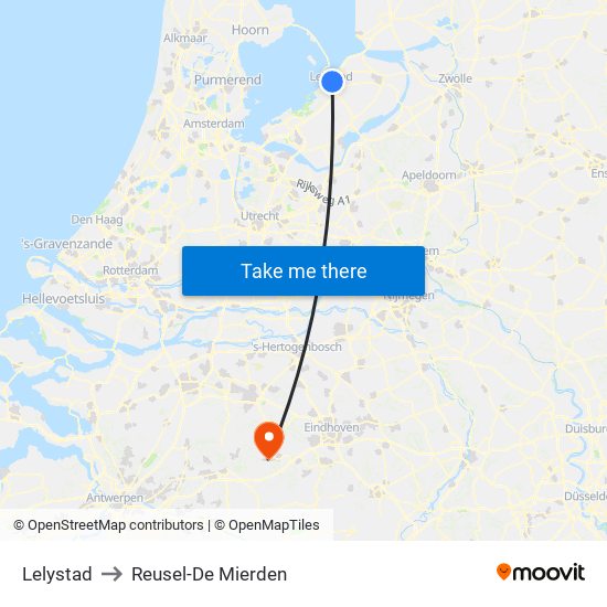 Lelystad to Reusel-De Mierden map