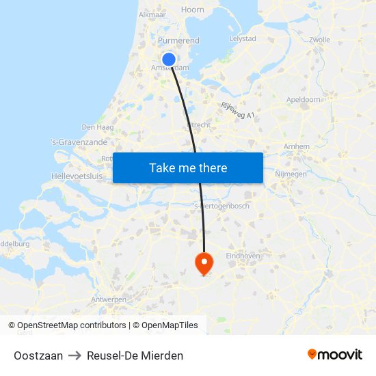 Oostzaan to Reusel-De Mierden map