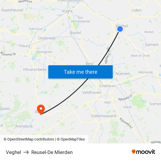 Veghel to Reusel-De Mierden map