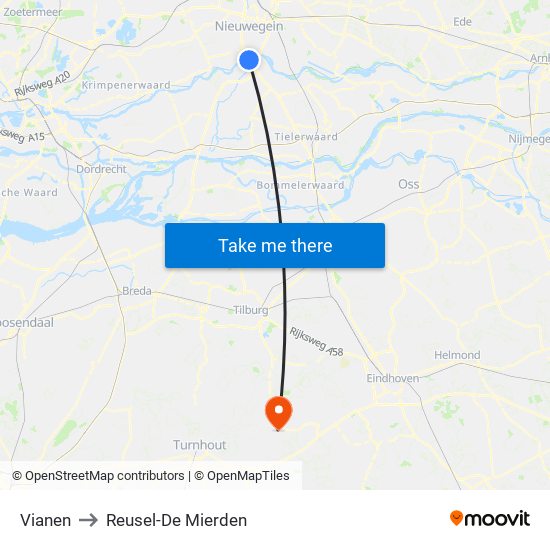 Vianen to Reusel-De Mierden map