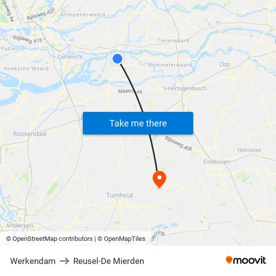 Werkendam to Reusel-De Mierden map