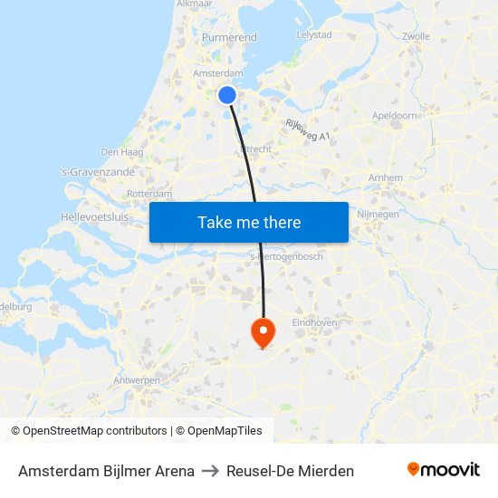 Amsterdam Bijlmer Arena to Reusel-De Mierden map