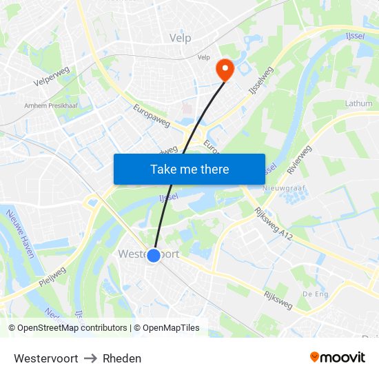 Westervoort to Rheden map