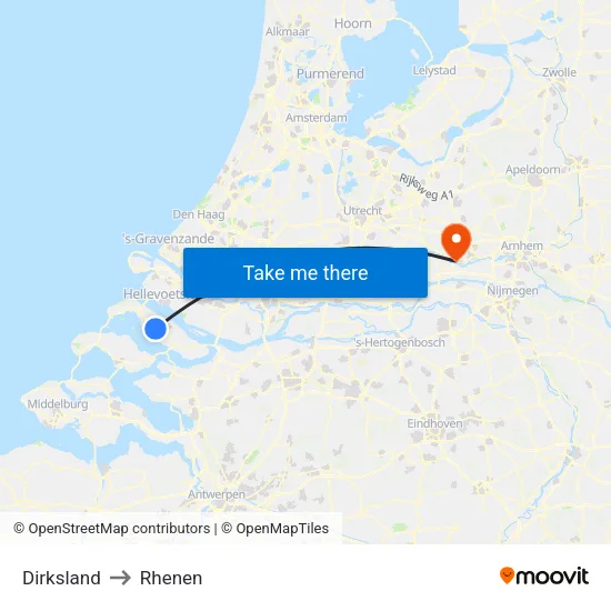 Dirksland to Rhenen map