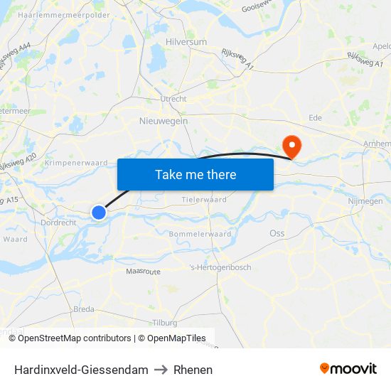 Hardinxveld-Giessendam to Rhenen map