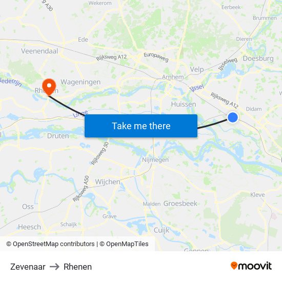 Zevenaar to Rhenen map