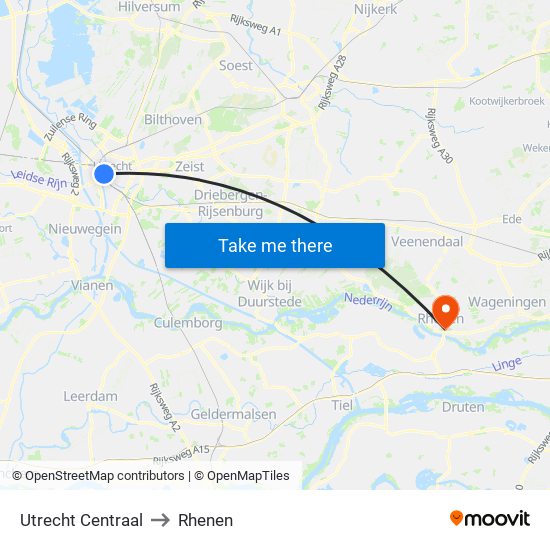 Utrecht Centraal to Rhenen map